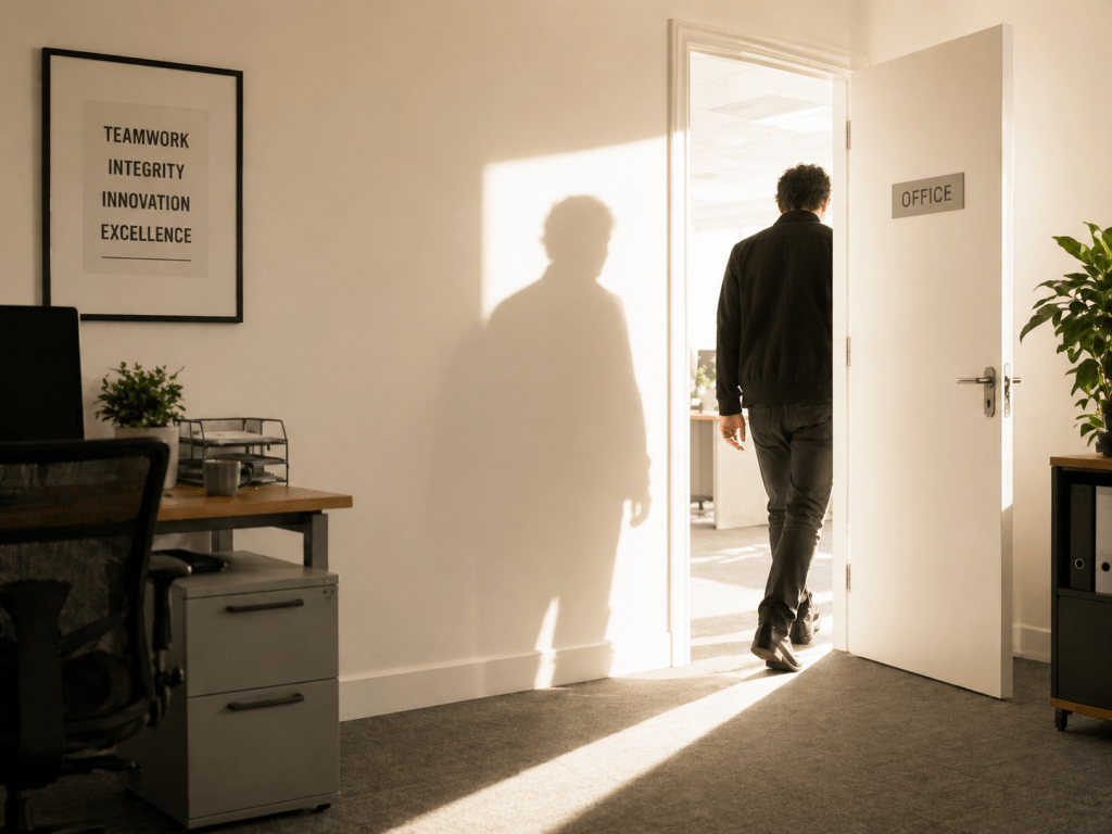 A person (DSL) leaving an office and their job with a shadow following them. 